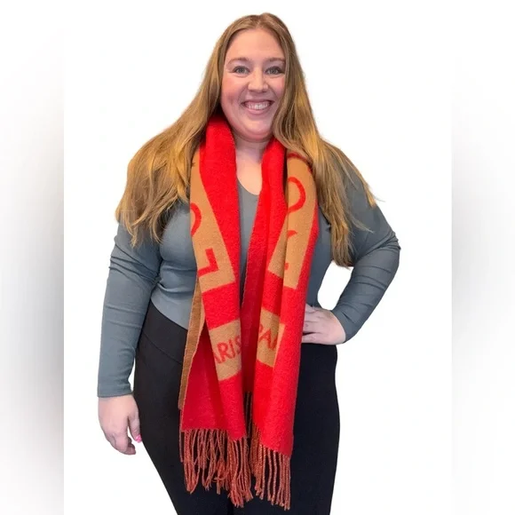 SOLD Louis Vuitton Red & Camel Double Sided 100% Cashmere Winter Scarf Luxury - Picture 3 of 15